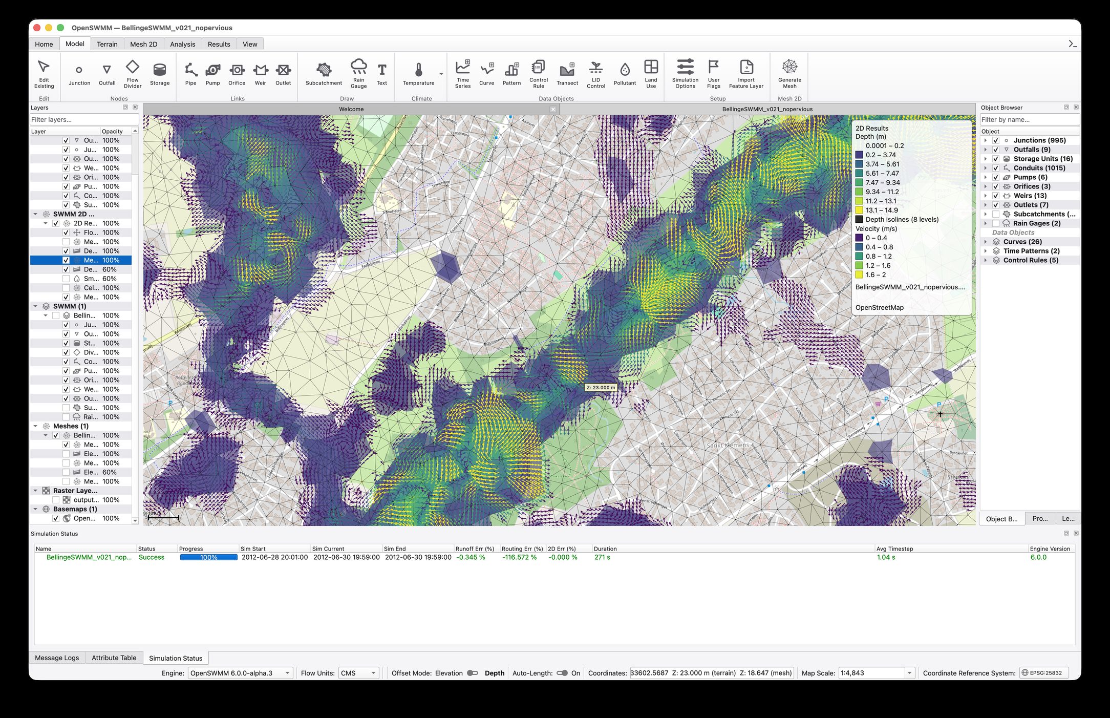 Open-Source SWMM 6.0 GUI showing coupled 1D/2D flood results with depth and velocity fields on a triangular mesh over an OpenStreetMap basemap of the Bellinge catchment